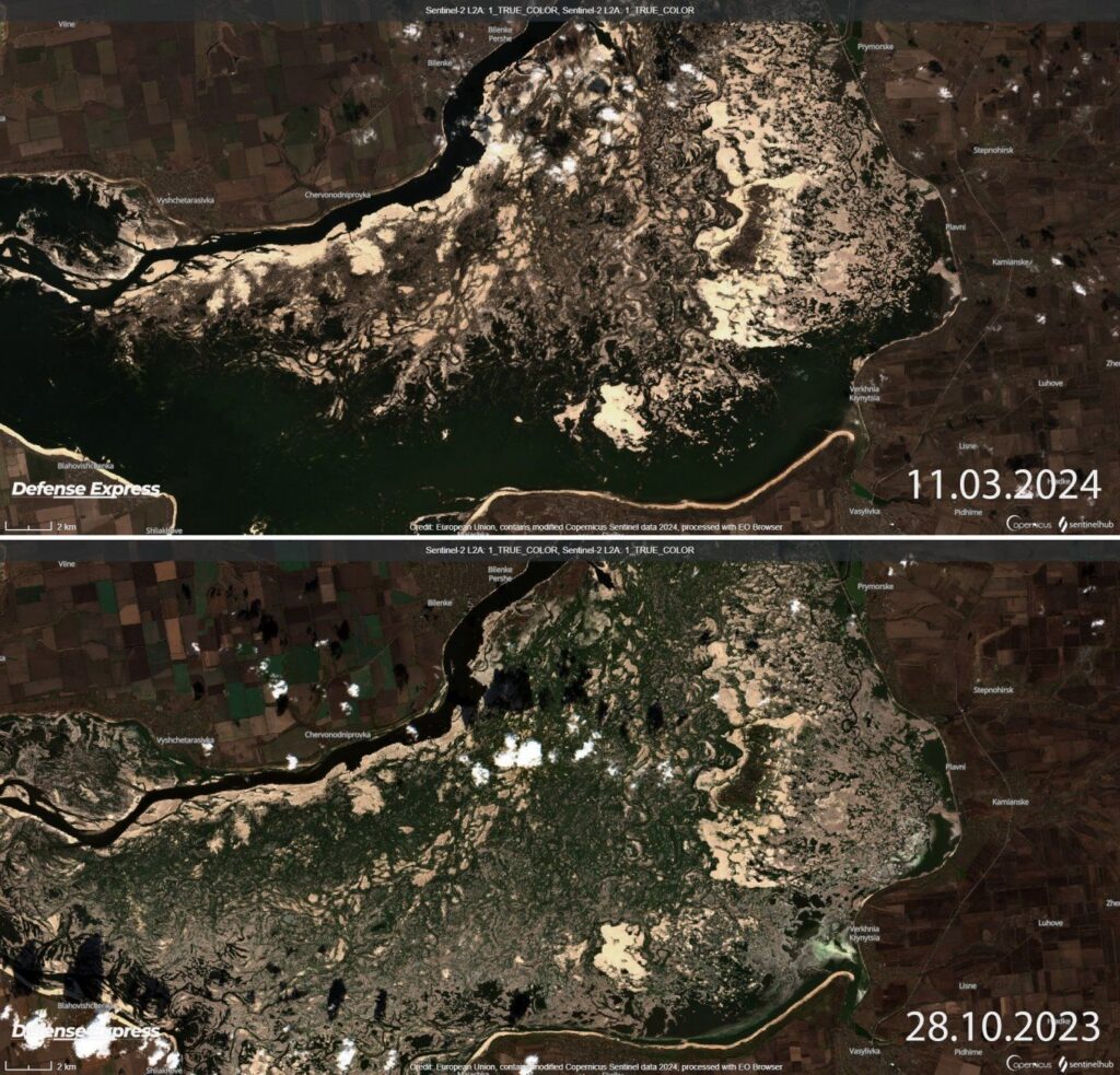  На південь від Запоріжжя територія Каховського водосховища перетворилася у поєднання річища самого Дніпра, заплав, заболочених та підтоплених ділянок. Місцевість повертається до стану історичного Великого Лугу