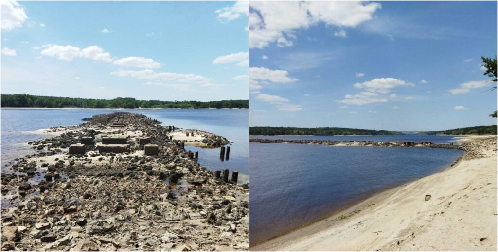  Падіння рівня води в Дніпрі внаслідок руйнування окупантами греблі Каховської ГЕС відкрило залишки дерев’яних мостів 1944 року, які знаходились під водою майже 70 років