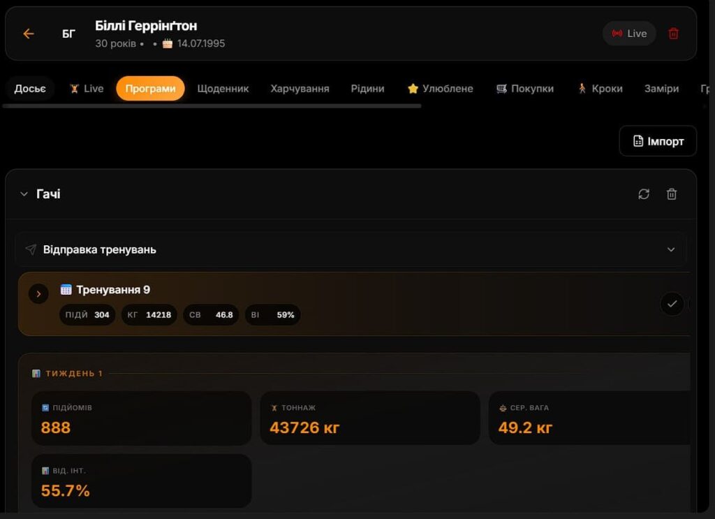 Вигляд платформи Forriss Prime для тренера.